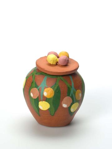 Artwork Tjurka (bush fig) (from 'Bush tucker' series) this artwork made of Earthenware, hand-built terracotta clay with underglaze colours and applied decoration, created in 2009-01-01