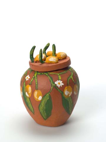 Artwork Katjirra (bush tomato, over-ripe) (from 'Bush tucker' series) this artwork made of Earthenware, hand-built terracotta clay with underglaze colours and applied decoration, created in 2009-01-01