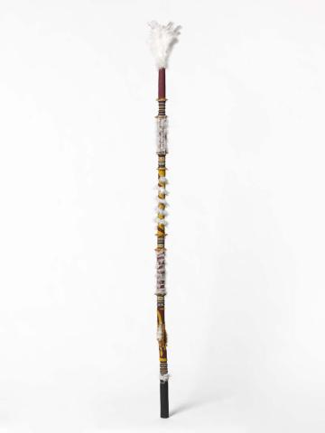 Artwork Banumbirr (Morning Star pole) this artwork made of Wood, cotton thread, feathers, synthetic polymer paint