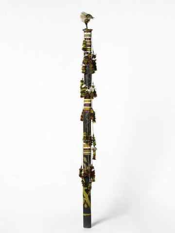 Artwork Banumbirr (Morning Star pole) this artwork made of Wood, bark fibre string, cotton thread, feathers, native beeswax, natural pigments, synthetic polymer paint, created in 1999-01-01