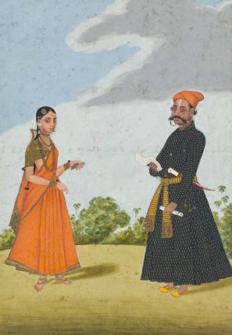 Artwork Hindu scribe and his wife this artwork made of Opaque watercolour and gold on paper
