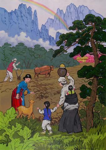 Artwork Family working on farm (from 'The Fairy of the Kumgang Mountains' series) this artwork made of Poster paint on paper, created in 2009-01-01