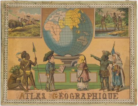 Artwork Atlas Geographique this artwork made of Chromolithograph on card, paper-covered box, die-cut jigsaw puzzles of France and Europe (after Gaultier, Abbe (Aloisius Edouard Camille) c.1746-1818)