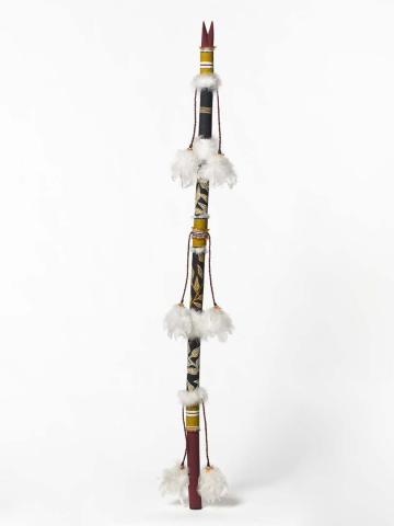 Artwork Banumbirr (Morning Star pole) this artwork made of Wood, bark fibre string, commercial feathers, feathers, native beeswax, synthetic polymer paint