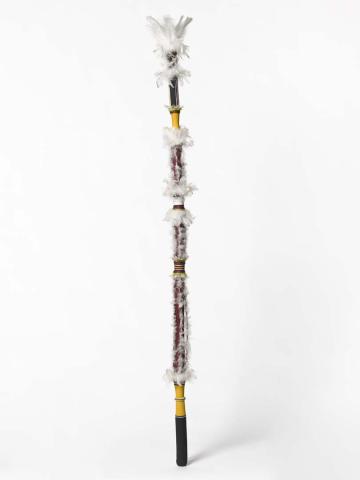 Artwork Banumbirr (Morning Star pole) this artwork made of Wood, bark fibre string, commercial feathers, feathers, synthetic polymer paint