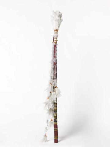 Artwork Banumbirr (Morning Star pole) this artwork made of Wood, cotton thread, commercial feathers, feathers, synthetic polymer paint