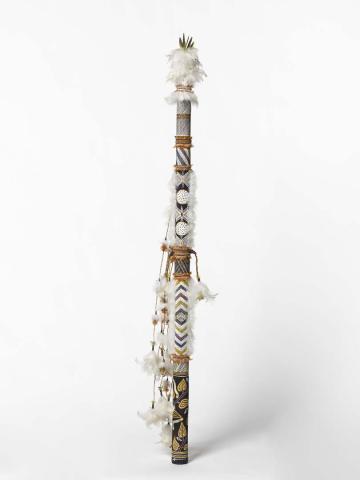 Artwork Banumbirr (Morning Star pole) this artwork made of Wood, bark fibre string, feathers, native beeswax, natural pigments, synthetic polymer paint