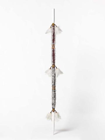 Artwork Digging stick (Wapitja) this artwork made of Wood, commercial feathers, feathers, synthetic polymer paint
