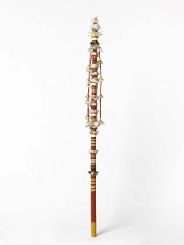 Artwork Banumbirr (Morning Star pole) this artwork made of Wood, bark fibre string, cotton thread, feathers, natural pigments
