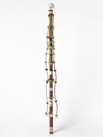 Artwork Banumbirr (Morning Star pole) this artwork made of Wood, bark fibre string, feathers, native beeswax, natural pigments