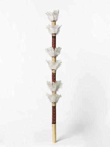 Artwork Banumbirr (Morning Star pole) this artwork made of Wood, bark fibre string, commercial feathers, native beeswax, natural pigments
