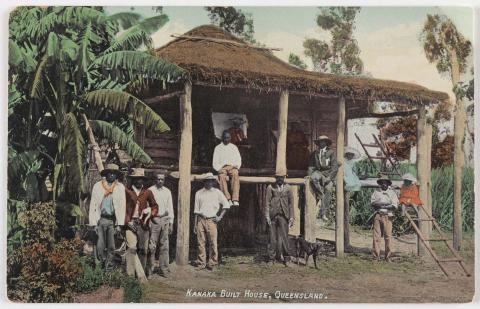 Artwork (South Sea Islander built house) this artwork made of Colourised postcard, created in 1900-01-01