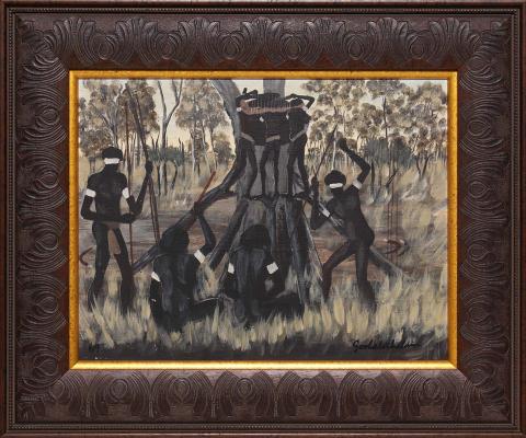 Artwork Hollow tree burial, Mornington Island this artwork made of Oil on masonite panel, created in 1969-01-01