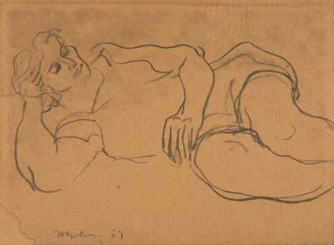 Artwork Maryke reclining no. 2 this artwork made of Charcoal on paper on hardboard, created in 1957-01-01