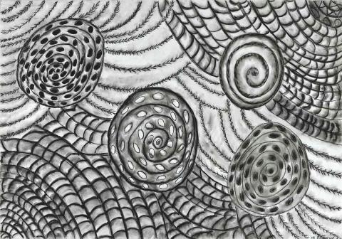 Artwork Spirals in the sand II this artwork made of Charcoal on paper, created in 2011-01-01