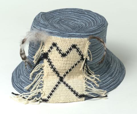 Artwork Mundmong bilum-wear hat this artwork made of Looped commercial fibres