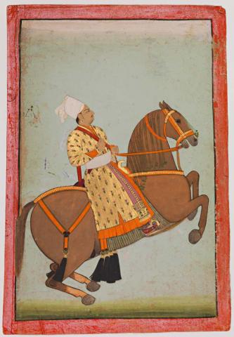 Artwork Equestrian portrait of Rathor Udai Bhanji this artwork made of Opaque watercolour with gold on paper, created in 1760-01-01