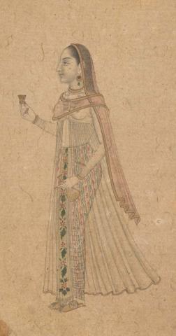 Artwork [Attendant holding a gold cup and rosewater flask] this artwork made of Brush drawing with watercolour and gold on paper, created in 1750-01-01