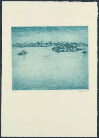 Artwork Iron Cove, Sydney Harbour (from 'Tribute to Sydney' suite) this artwork made of Intaglio soft-ground etching, printed in blue ink on paper, created in 1978-01-01
