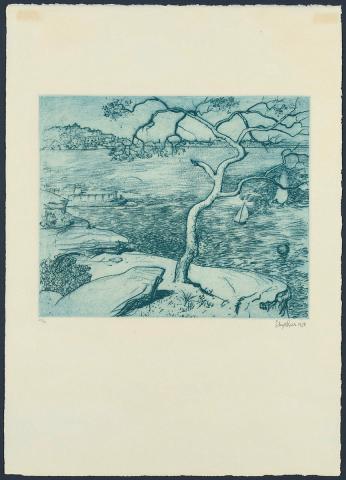 Artwork Northwood Point, Lane Cove River (from 'Tribute to Sydney' suite) this artwork made of Intaglio soft-ground etching, printed in blue ink on paper, created in 1978-01-01