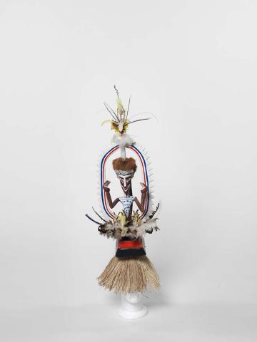 Artwork Tokatokoi this artwork made of Headdress: wood, feathers, synthetic polymer paint, grass fibre