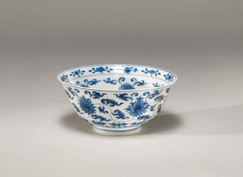 Artwork Bowl with lotus flowers and peony this artwork made of Porcelain, underglaze blue, created in 1662-01-01