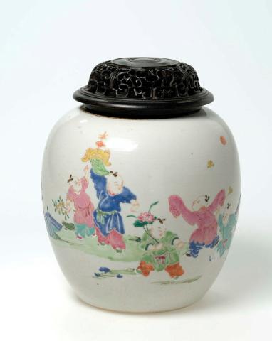 Artwork Famille rose jar this artwork made of Porcelain, fencai enamel, carved wooden lid, created in 1700-01-01