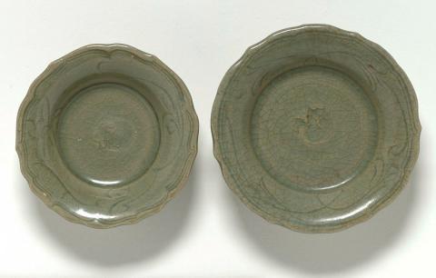 Artwork Pair of dishes this artwork made of Stoneware, celadon crackle glaze, foliate rimmed with incised floral designs, created in 1400-01-01