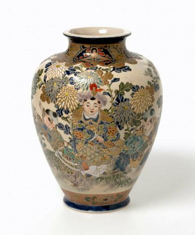 Artwork Satsuma ware vase this artwork made of Earthenware, crackle glaze, enamel, decoration of boys amongst chrysanthemums and butterflies, created in 1868-01-01