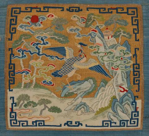 Artwork Badge of rank with Mandarin duck, symbol of sixth rank official this artwork made of Silk, kesi weave on silk and cloth mount, created in 1700-01-01