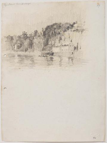 Artwork Naval stores and cliffs at Kangaroo Point this artwork made of Pencil on paper, created in 1914-01-01