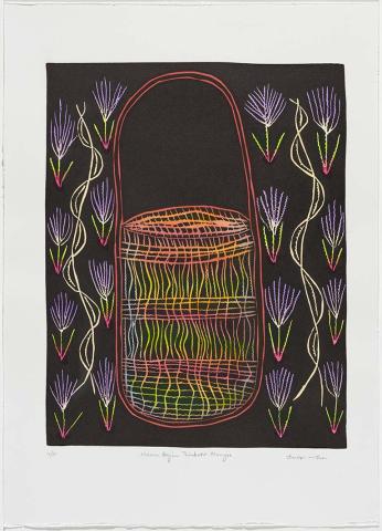 Artwork Wawu bajin thinburr munyu (Basket for windmill grass seeds for making damper) (from 'Wawu bajin (Spirit baskets)' portfolio) this artwork made of Hand-coloured linocut