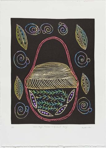 Artwork Wawu bajin tharra and Girrbuiti mayi (Basket for collecting cat's eye snails, shells and seaweed) (from 'Wawu bajin (Spirit baskets)' portfolio) this artwork made of Hand-coloured linocut on paper, created in 2010-01-01
