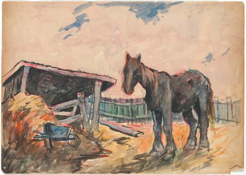 Artwork Black horse and shed this artwork made of Watercolour on paper, created in 1940-01-01