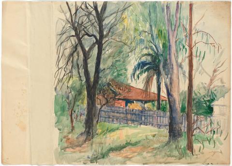 Artwork Blue fence and house this artwork made of Watercolour on paper, created in 1935-01-01