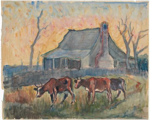 Artwork Farm house with three cows this artwork made of Watercolour on paper, created in 1940-01-01