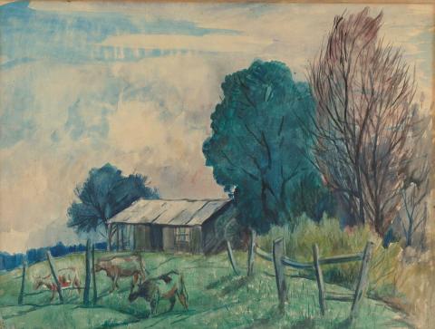 Artwork Farm shed and trees this artwork made of Watercolour on paper, created in 1930-01-01
