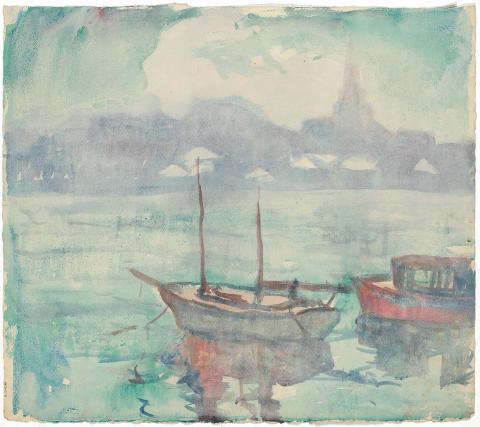 Artwork Two boats and river scene this artwork made of Watercolour on paper, created in 1940-01-01