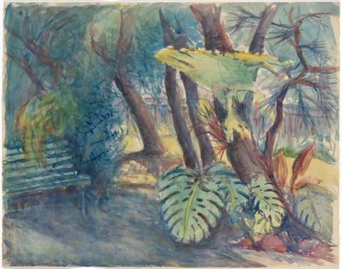 Artwork Garden with monsteria and staghorn this artwork made of Watercolour on paper, created in 1940-01-01
