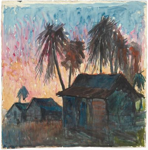 Artwork Dark cottages with palms this artwork made of Watercolour on paper, created in 1945-01-01