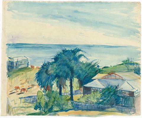 Artwork Cottage, palms and view to sea this artwork made of Watercolour on paper, created in 1945-01-01