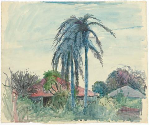 Artwork Low-set house with palms this artwork made of Watercolour on paper, created in 1945-01-01