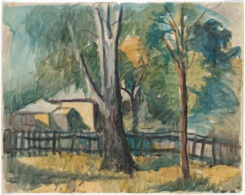 Artwork Trees, fence and house this artwork made of Watercolour on paper, created in 1945-01-01