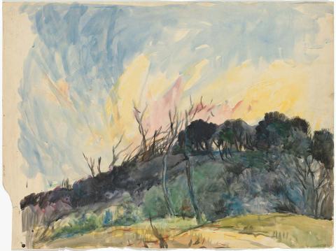 Artwork Landscape with yellow sky this artwork made of Watercolour on paper, created in 1940-01-01