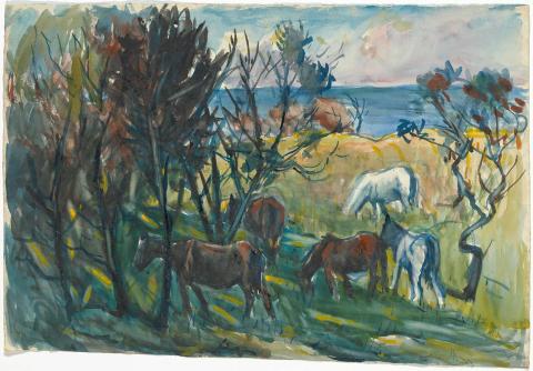 Artwork Five horses grazing near the beach this artwork made of Watercolour on paper, created in 1945-01-01