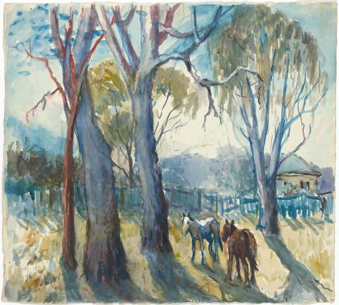 Artwork Horses and tree trunks this artwork made of Watercolour on paper, created in 1945-01-01