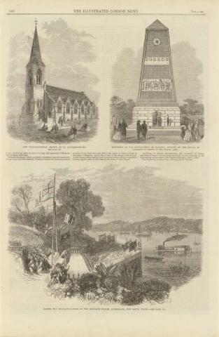 Artwork Images of St Leonard's Church and Magenta Monument; and Laying the foundation stone of the Brisbane Bridge, Queensland, New South Wales (from 'The Illustrated London News' 3 December 1864, page 568) this artwork made of Engraving on paper, created in 1864-01-01