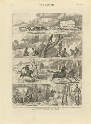 Artwork Life in the backwoods of Queensland: 
A load of wool stuck in the mud; A native encampment - breakfast time; A native cutting out 'sugar bag' from a bee's nest; Running in wild horses; Coach travelling; stopped by a flood and A native postman (from 'The  this artwork made of Engraving on paper, created in 1878-01-01