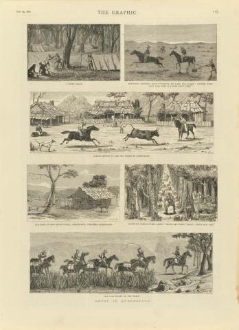 Artwork Notes in Queensland:
A night alarm; Surveying pastoral land etc; Cattle station in the far north of Queensland; Old Bank of New South Wales, Georgetown; Surveying agricultural land; and The gold escort on the march (from 'The Graphic', London, 29 January this artwork made of Engraving on paper, created in 1881-01-01