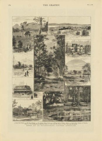 Artwork Bowen and its neighbourhood, Northern Queensland:
Pretty Bend Station; The Port of Bowen; The Customs' House, Bowen; A milking yard at Glencoe: Sunrise; Cooke's Hotel, Bowen; The jetty, Bowen; The dwelling house, Pretty Bend Station; Toll's Creek, near B this artwork made of Engraving on paper, created in 1881-01-01